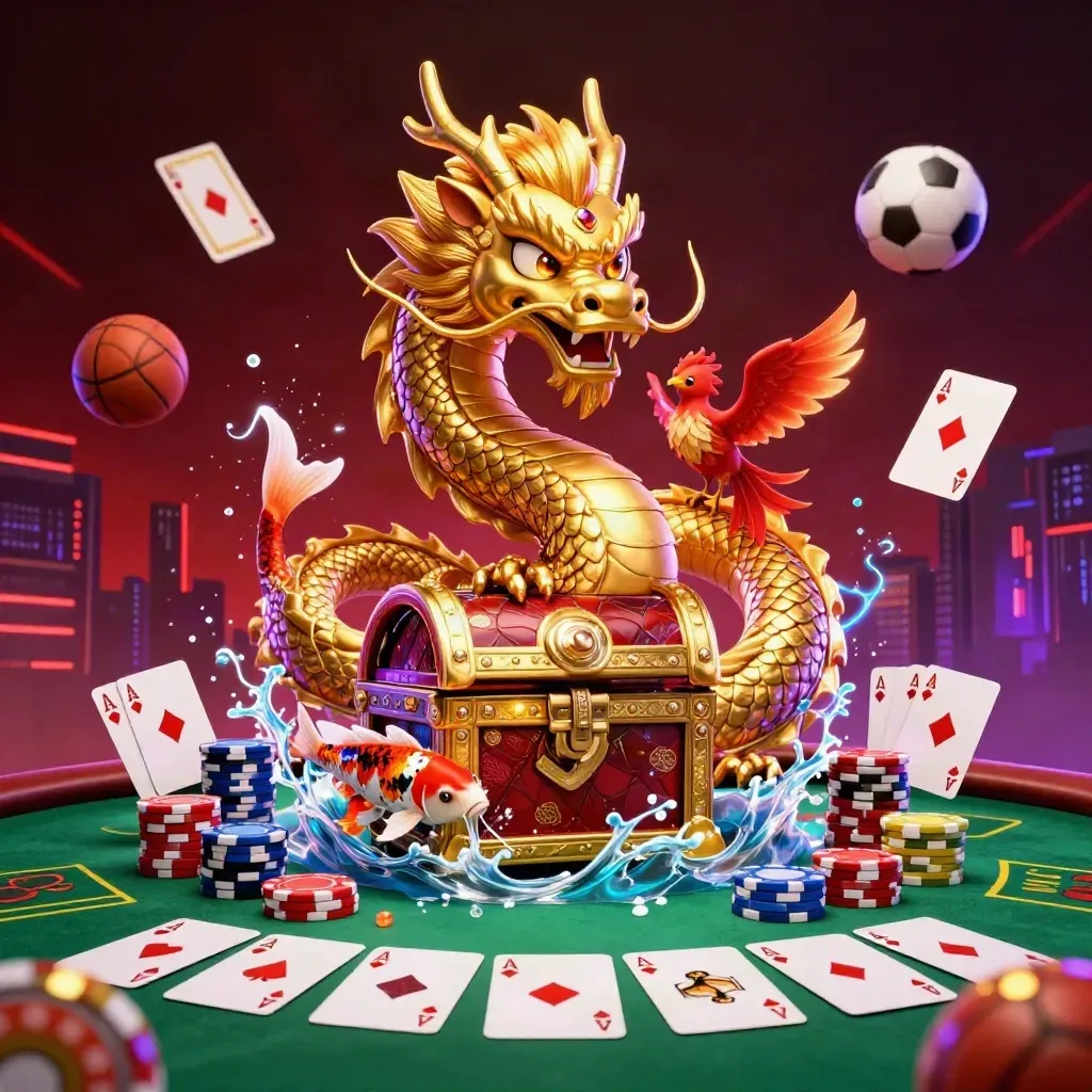 Golden dragon with phoenix and koi amid casino cards, chips, ball props and a neon skyline.