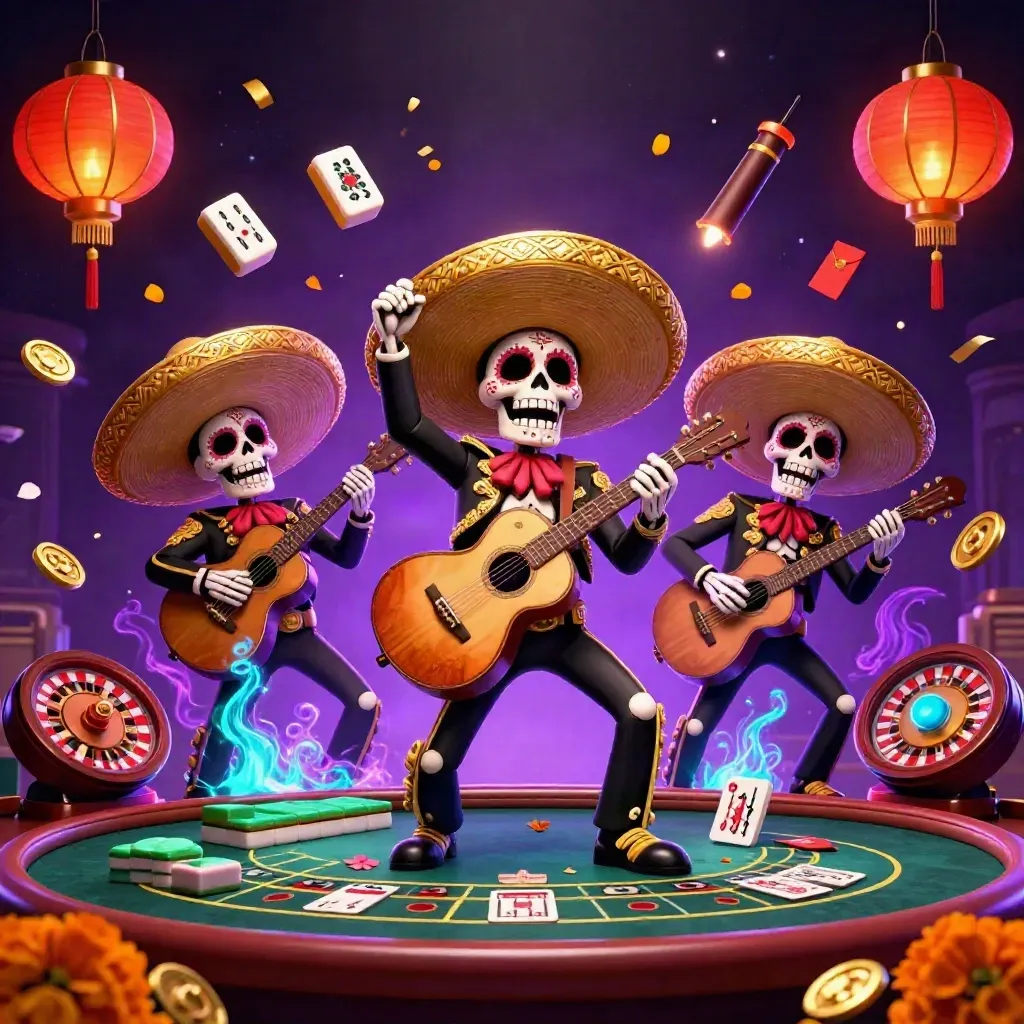 Skeleton mariachi trio amid casino relics, purple-and-gold neon, petals, lanterns, and a roulette wheel.