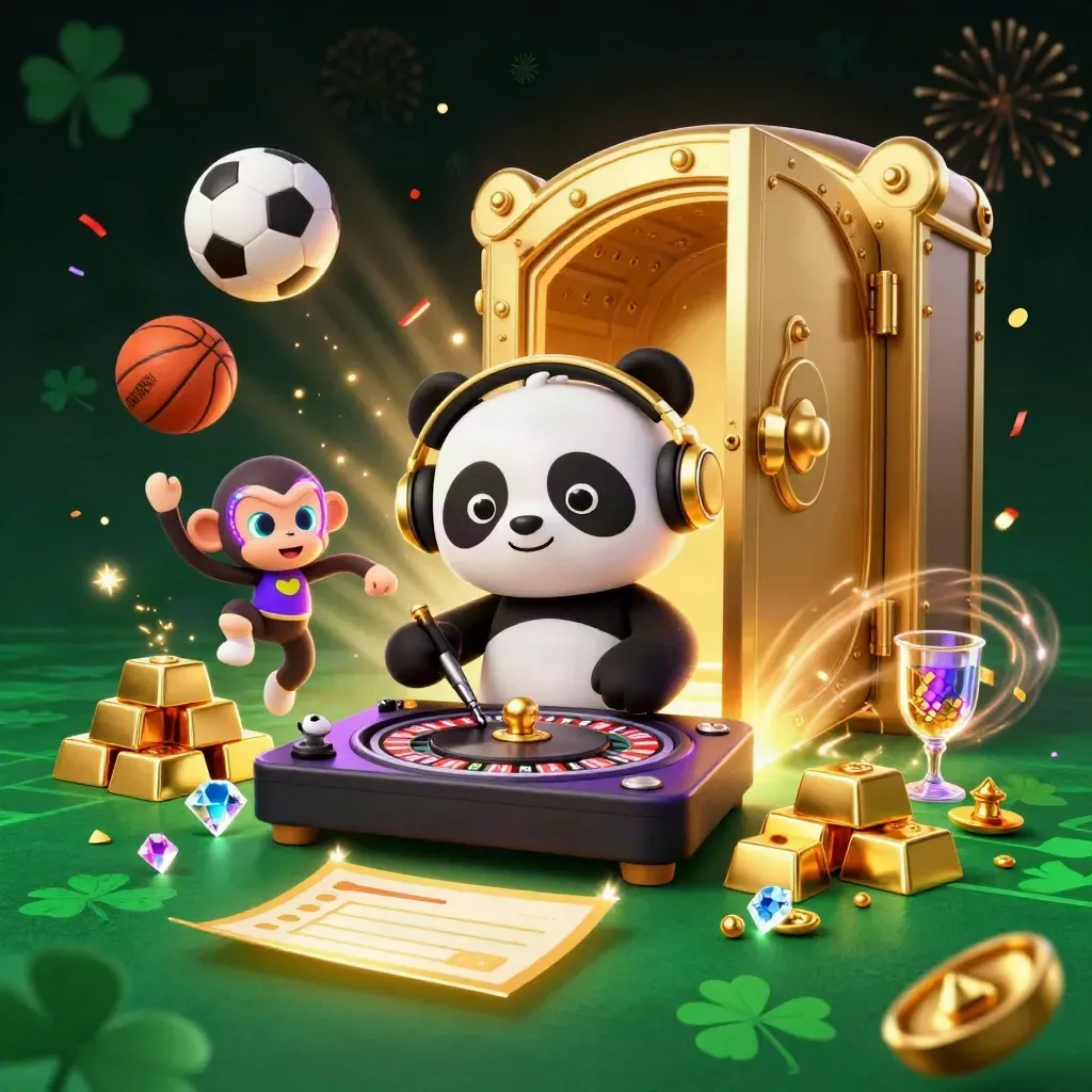 Panda DJ, dancing monkey, and kitten amid sports balls, gold, and casino magic glow.