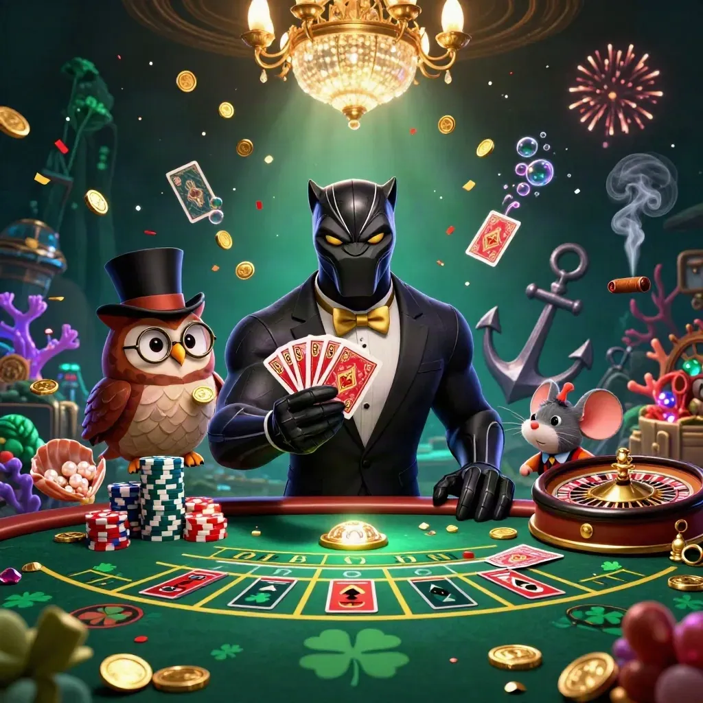 Panther, owl, and mouse in a luxe casino tableau with treasure cove glow and spinning roulette