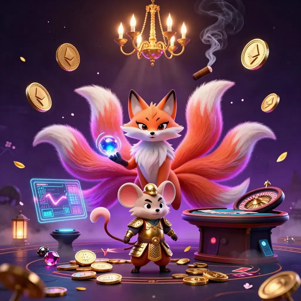Nine-tailed fox spirit and armored mouse amid casino magic, coins, lightning, and a spinning roulette wheel.