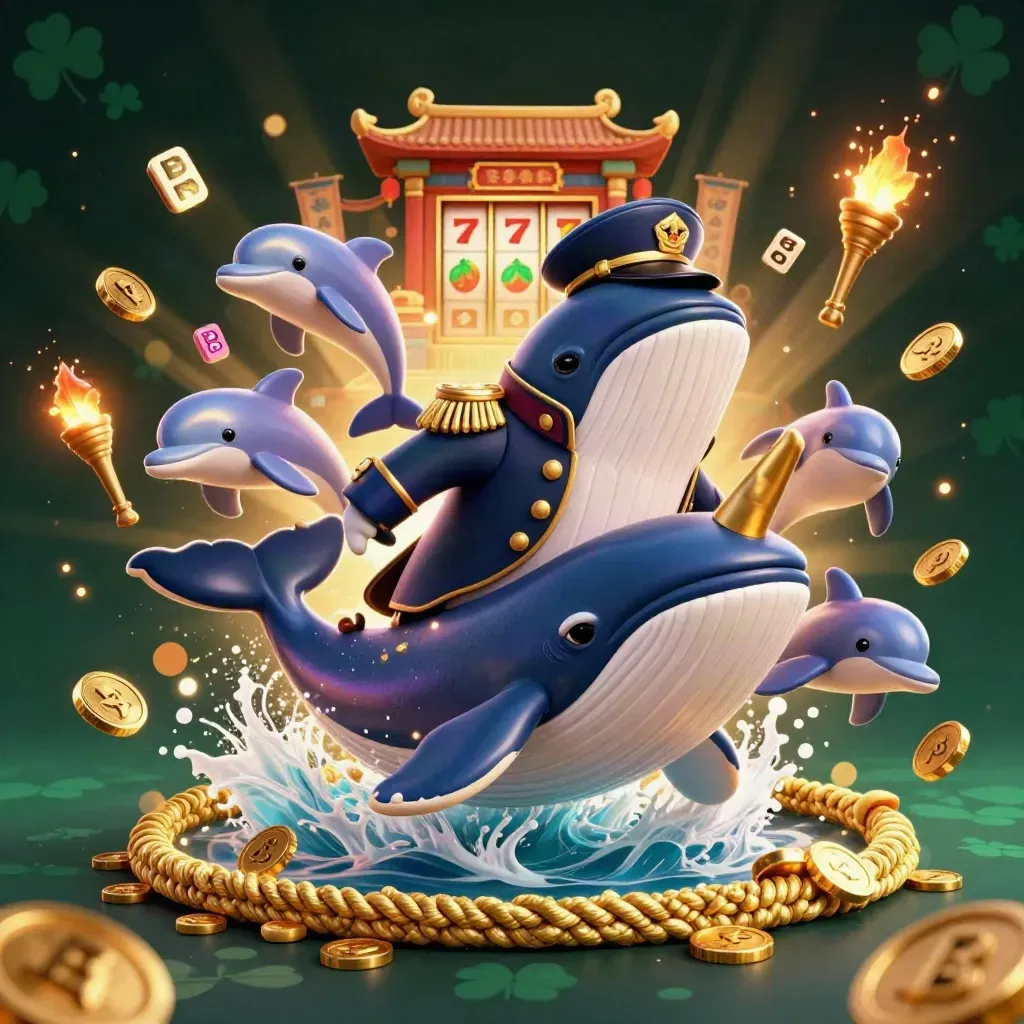 Whale captain, narwhal, and dolphins burst through coins in a luxe casino fantasy.