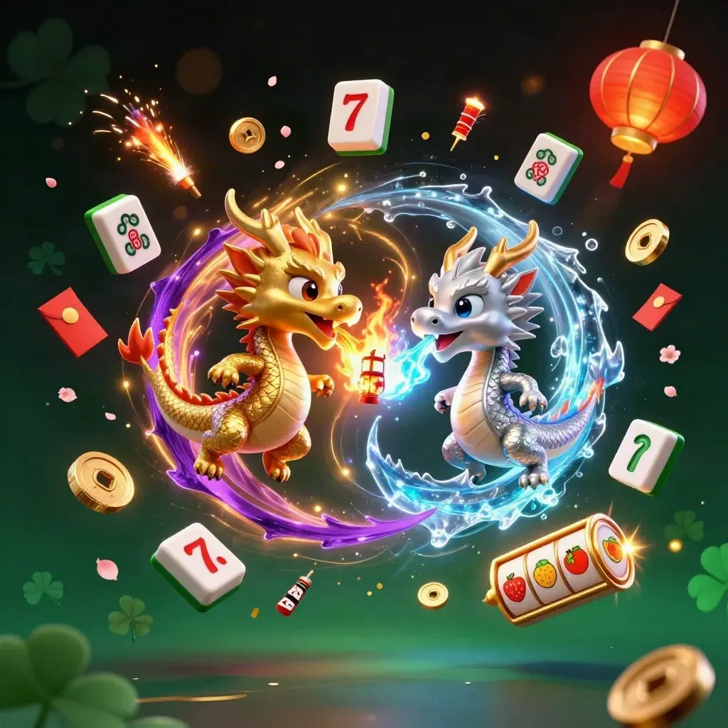 Twin gold and silver dragons spiral in fire-and-ice yin-yang with lantern spirit and casino treasure.