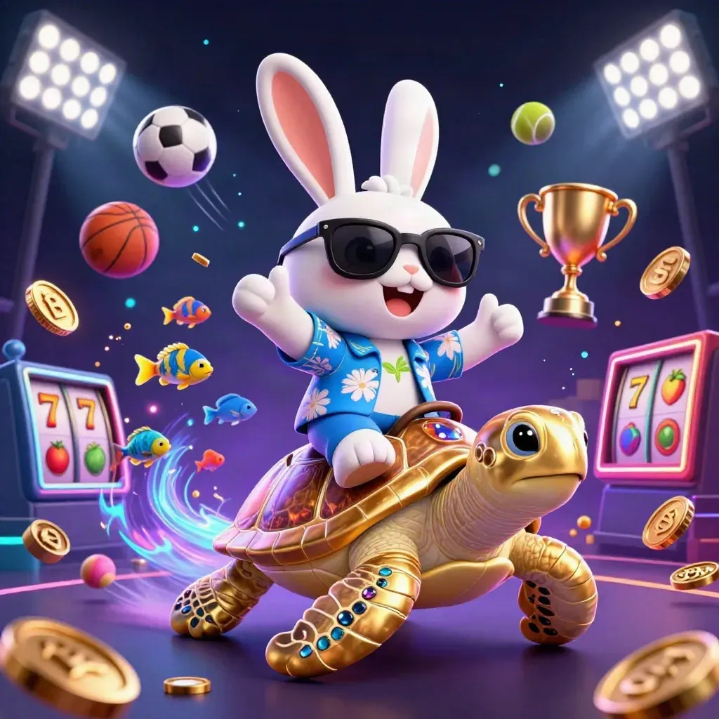 Rabbit on golden turtle amid coins, sports balls, and neon casino effects