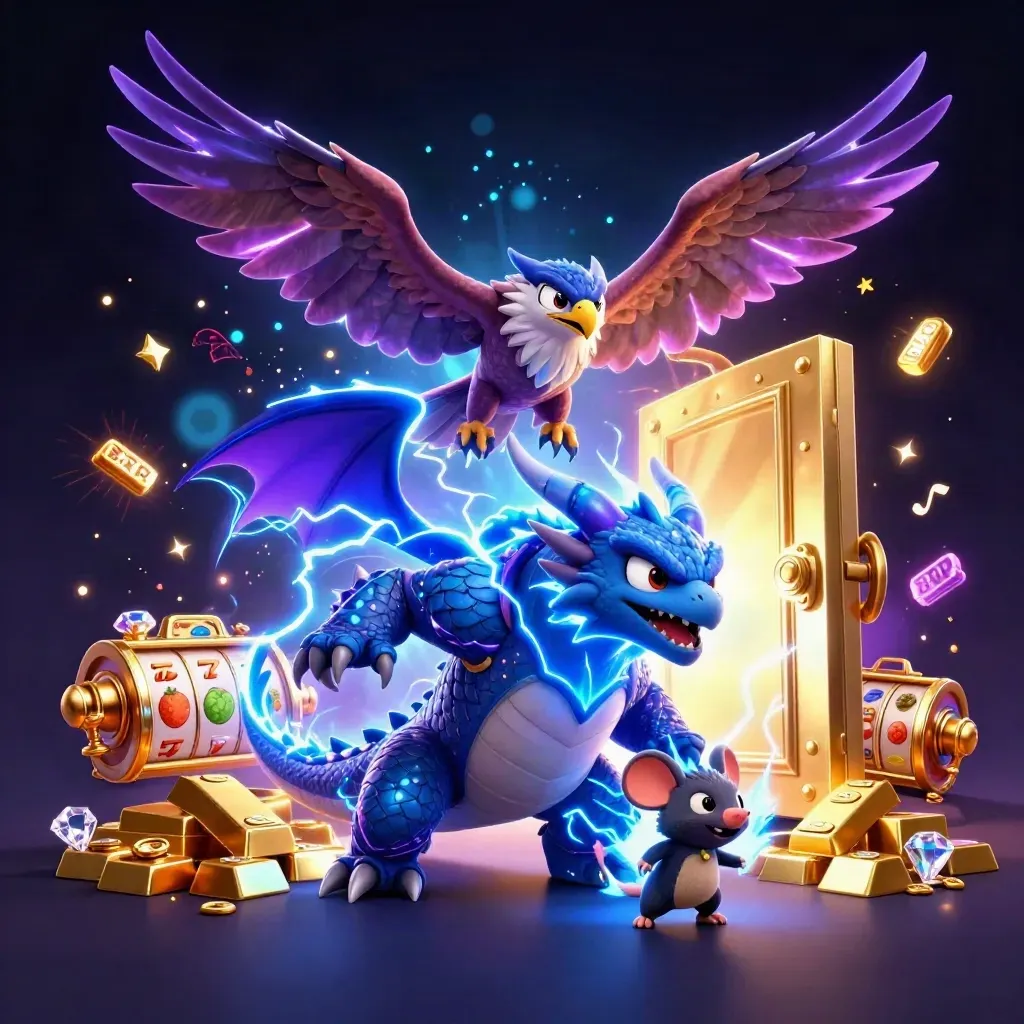 Thunder dragon, wind hawk, and static mouse amid gold, gems, reels, and lightning