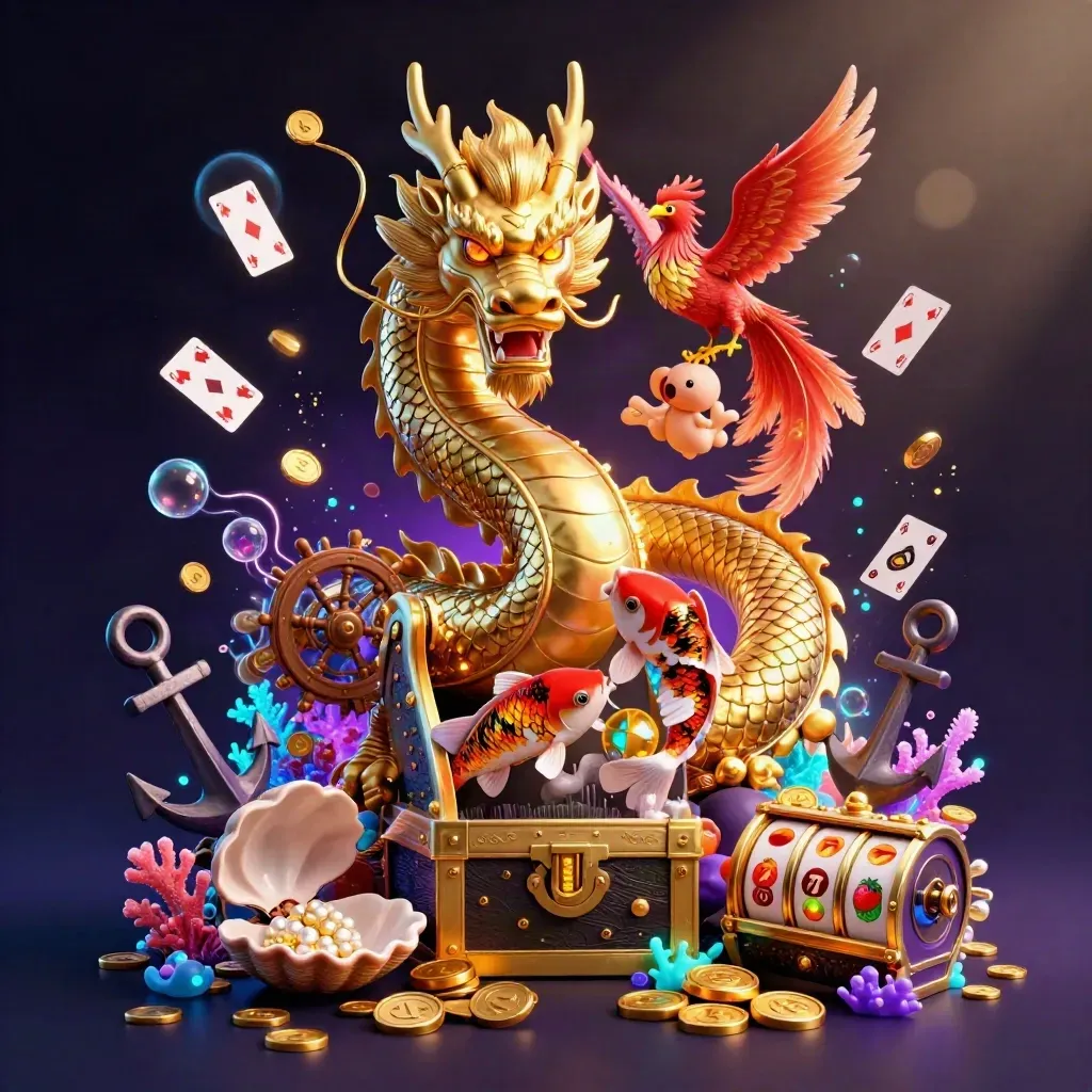 Golden dragon, phoenix, and koi in a treasure cove with casino icons and glowing coins.